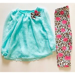 Girl teal top with floral bow & matching pants